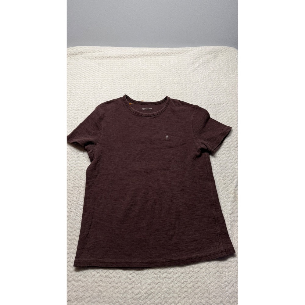 AllSaints Ram Skull Logo Slub Texture Short Sleeve Crew Neck Tee Burgundy Small